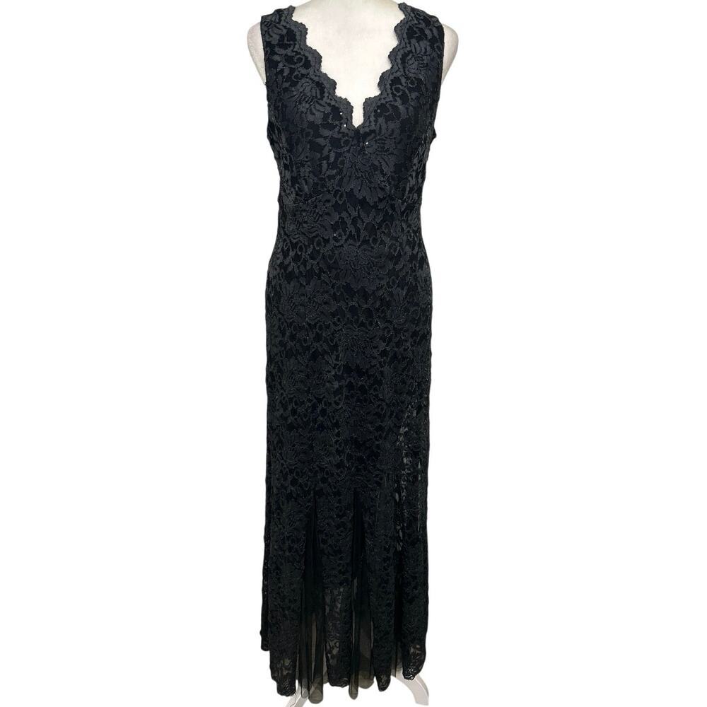 Y2K Black Lace Sequin Long Dress Open Back Bow Whimsigoth Dark Romantic Gown S